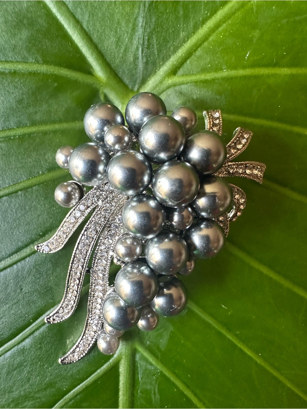 Silver Pearl Cluster Brooch with Crystal Accents